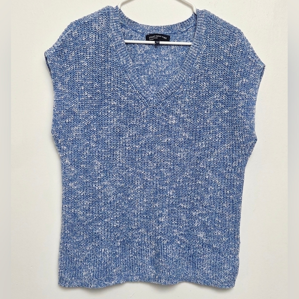 Jones New York Speckled Blue V-Neck Boxy Boho Cottagcore Pullover Sz S/M Sweater